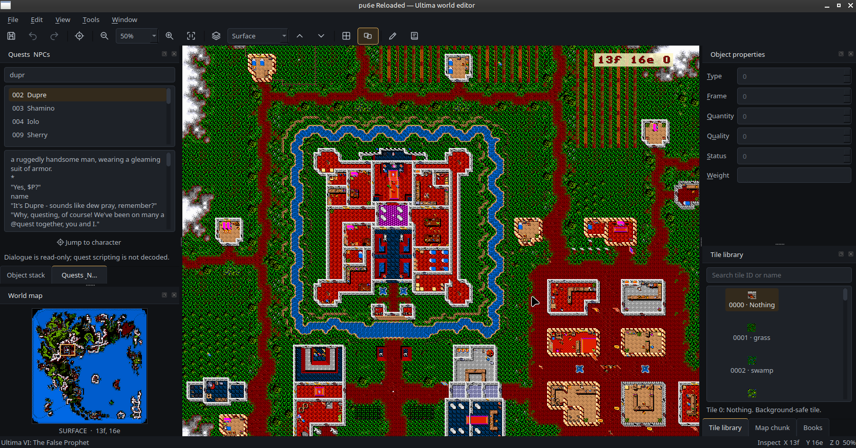 pu6e Reloaded showing the Ultima VI world map and editing tools